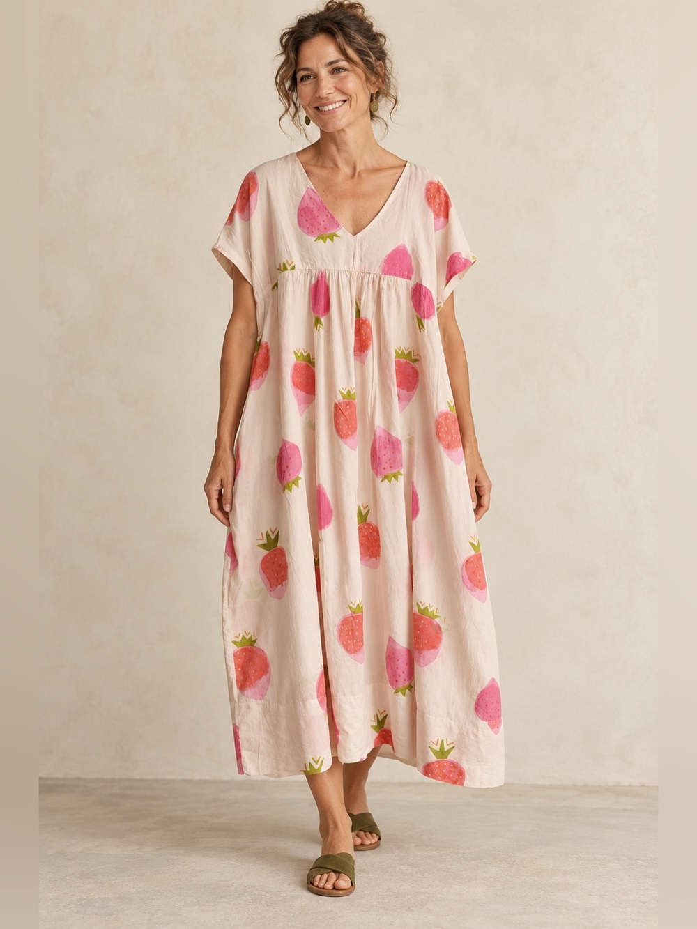 Gudrun Sjoden Strawberry Print Organic Cotton Dress XL Cream Pink Pockets